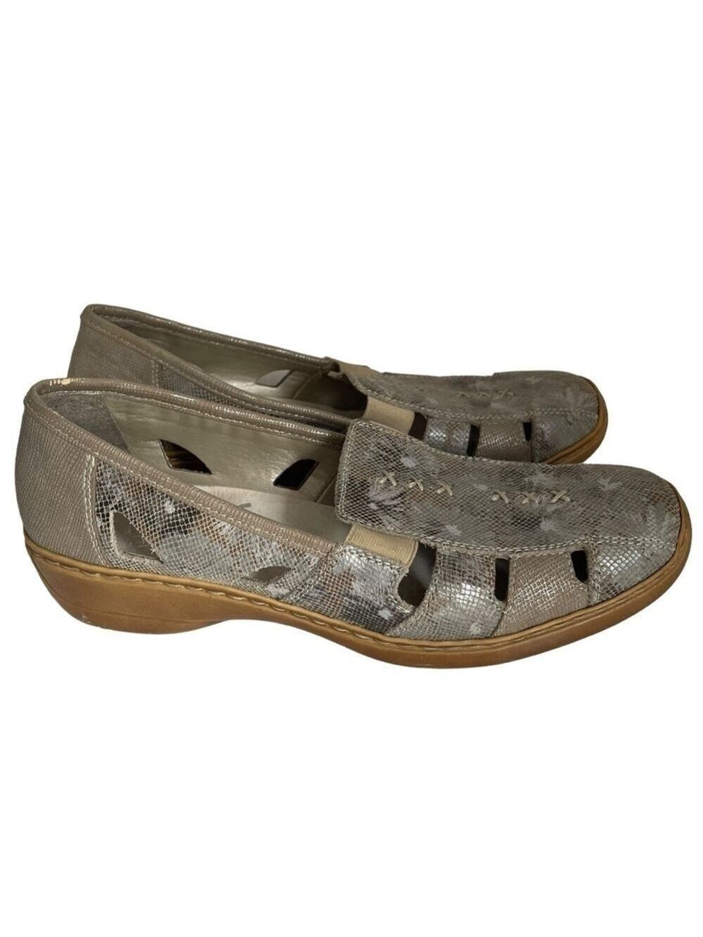 Rieker Leather Snakeskin Shoes Womens 8.5 Silver Beige Floral Slip On Cut Out